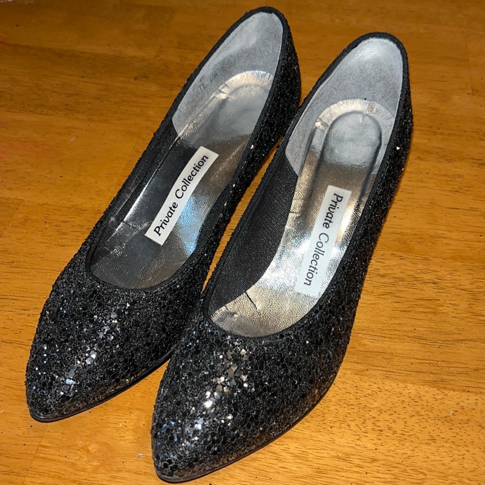 Vintage 90s Private Collection Black Glitter Encrusted Kitten Heel Womens Size 7